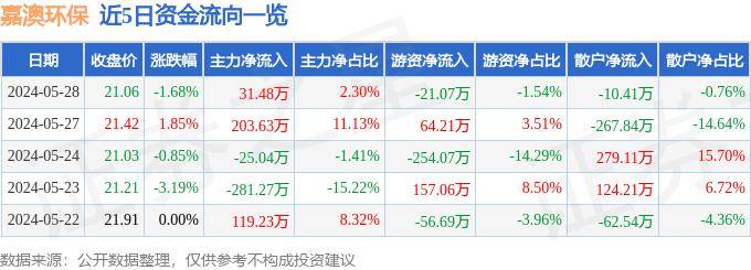 股票行情快报：嘉澳环保（603822）5月28日主力资金净买入31.48万元