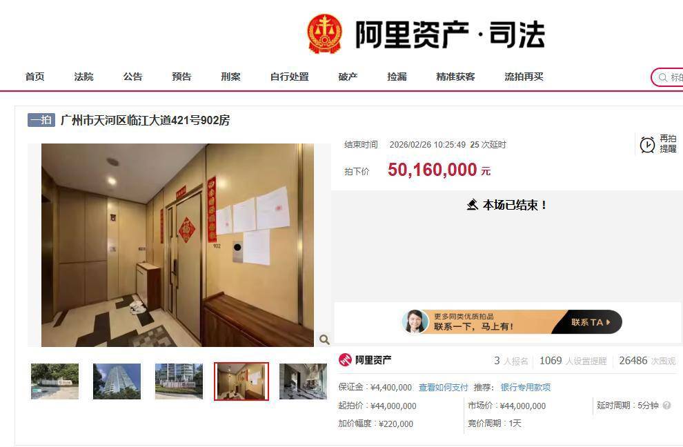 许家印侄子豪宅4400万元起拍,最终5016万元成交,其投资的广州雅旭公司涉及781件司法案件
